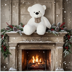 Snow-White Teddy Bear with Beige Plaid Bowtie