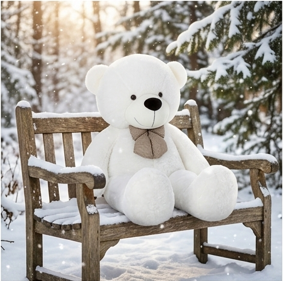 Snow-White Teddy Bear with Beige Plaid Bowtie